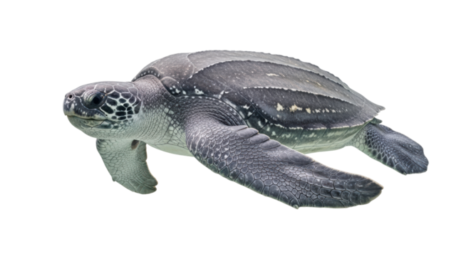 Isolated gray leatherback sea turtle with mottled skin swimming, reptilian marine animal
