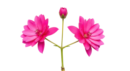 Isolated pink lotus plant with blossoms and bud with leaves and stem, closeup studio shot