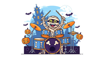Mummy Drummer's Halloween Gig: A lively cartoon mummy with wrapped bandages, rocking out on a drum kit against the backdrop of a spooky haunted house and a full moon, perfect for the festive season.