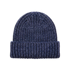 Blue Knit Winter Beanie Hat on White Background