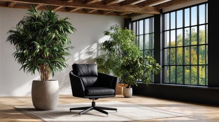 Fototapeta premium Minimalist Office Chair in Stylish Indoor Space with Large Windows and Green Plants