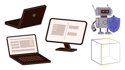 Laptop, computer monitor, robot holding shield, and transparent cube conveying cybersecurity, digital innovation, and AI themes. Ideal for technology, data security, AI innovation futurism digital