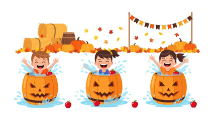 Spirited Autumn Splash: Joyful children experience the thrill of an autumn-themed water game, playfully immersed in carved pumpkin barrels, creating a lively and festive scene with vivid colors.