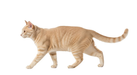 Isolated ginger tabby cat walking gracefully in profile against a clean neutral backdrop © Andrei