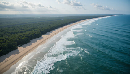 Fototapeta premium Stunning aerial view showcases a pristine sandy beach meeting vibrant turquoise ocean waves with a lush green forest backdrop stretching to the horizon