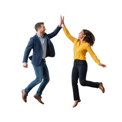Energetic business colleagues celebrating success with a high five jump isolated on transparent background