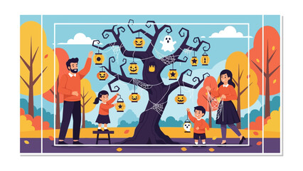 Halloween Family Celebration: A family decorates a spooky tree with Halloween lanterns, a symbol of spooky season. A ghostly silhouette and a backdrop of autumnal hues capture the holiday spirit.