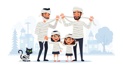 Obraz premium Halloween Mummy Family: A light-hearted Halloween scene featuring a family dressed as mummies, their playful antics against a backdrop of a spooky yet cute neighborhood.