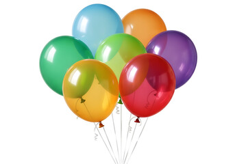 Brightly colored helium filled balloons floating together celebratory party decoration vibrant isolated on transparent background