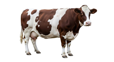Isolated dairy cow standing, brown and white Holstein heifer in studio, clean edit