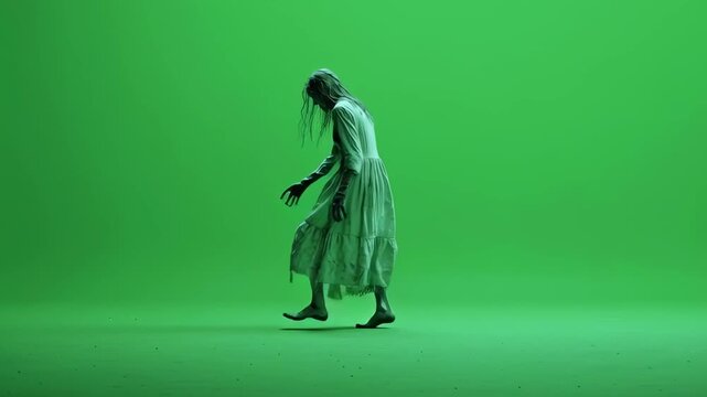 undead halloween zombie character walking on a green screen background