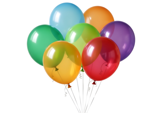 Brightly colored helium filled balloons floating together celebratory party decoration vibrant isolated on transparent background