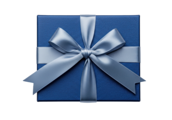 Isolated blue gift box with silver ribbon bow for celebrating Christmas or birthday
