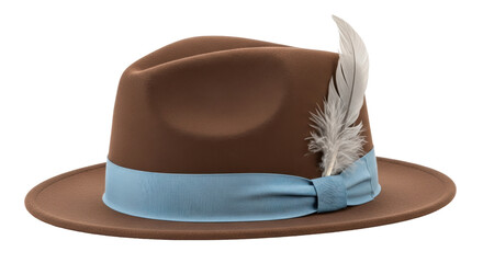 Isolated brown fedora with blue ribbon and feather for stylish and classic wardrobe accent
