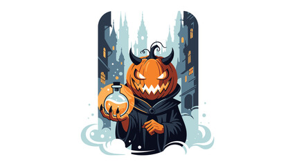 Evil Pumpkin Demon Holding Potion: A spooky Halloween illustration featuring a jack-o'-lantern with an evil grin, horns, and a cloak, holding a potion in front of a haunting cityscape.