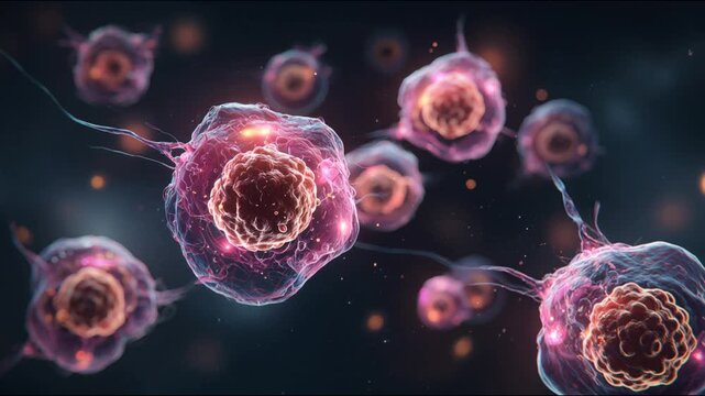 Visualization of a biological cell in the process of division with pink glow and detailed structure.
