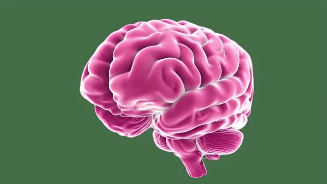 A three-dimensional model of a human brain, presented in a vibrant pink hue, set against a solid green backdrop.
