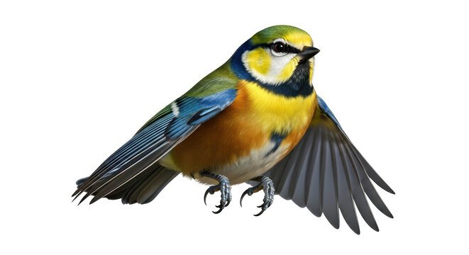 Isolated Eurasian Blue Tit with yellow, blue, and green plumage, perched and poised to fly