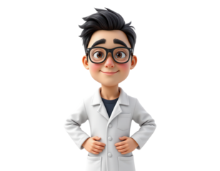 Friendly animated male scientist in white lab coat smiling happily