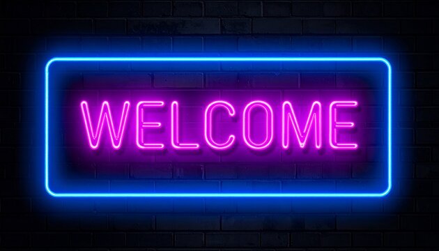 An inviting 'WELCOME' message illuminated in vibrant pink and blue neon lights, glowing brightly against a dark brick wall background for a retro-style greeting