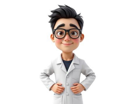 Friendly animated male scientist in white lab coat smiling happily