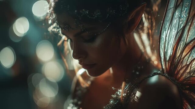 A beautiful woman with fairy wings. Fairy wings with a female fairy. Bokeh with a ethereal light and fantasy. An attractive woman adorned with fairy wings lifestyle.