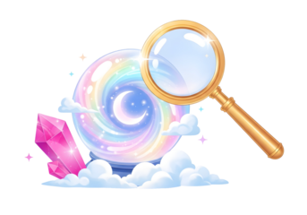 Mystical orb crystal magnifying glass clouds moon stars magical enchanted discovery psychic vision isolated on transparent background