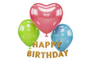 Heart shaped pink balloon with two other balloons and happy birthday message for celebration isolated on transparent background