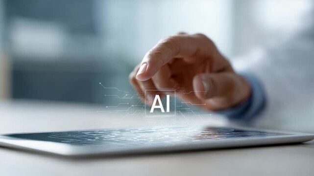 Digital healthcare interface, medical professional navigating ai powered tablet, demonstrating technological advancement in medical diagnostics and patient care