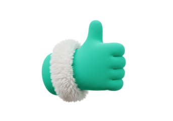 Isolated green glove with white fur cuff gives a thumbs up gesture for positive concept