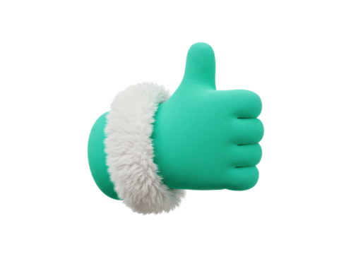 Isolated green glove with white fur cuff gives a thumbs up gesture for positive concept