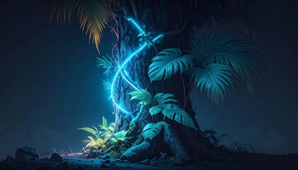 Neon Jungle Night Bioluminescent Vines and Tropical Glow