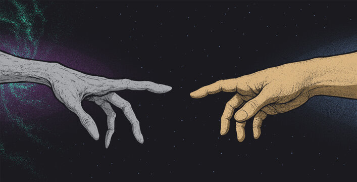 Vector illustration of an alien hand reaching toward a human hand, symbolizing contact between humanity and extraterrestrial intelligence. Perfect for science fiction projects or prints
