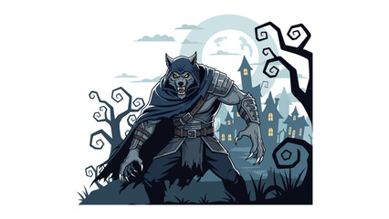 Mystical Werewolf Illustration: A chilling illustration depicting a snarling werewolf, posed menacingly against a backdrop of an eerie haunted house under a full moon. © hafs121