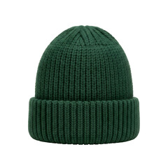 Dark Green Knit Beanie Hat on Transparent Background