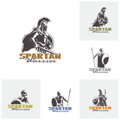 Set of Spartan warrior with weapons and armor logo design vector. Spartan logo illustration template