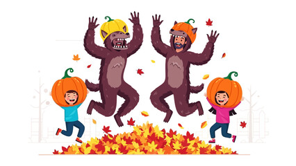 Halloween Merriment:  A cheerful group of individuals, adorned in charming costumes and brimming with glee, leaps amidst a vibrant collection of autumn foliage in this delightful illustration. 