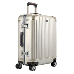 Modern silver aluminum suitcase with wheels and handle on black background
