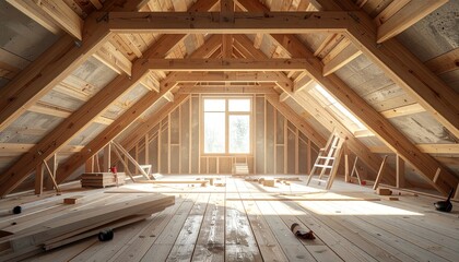 Obraz premium Sunlit unfinished attic framed with wooden beams, ready for renovation and new beginnings