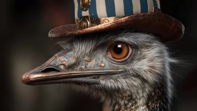 An emu wearing a top hat. A steampunk hat with ostrich stripes. Close up of a bird with detailed feathers. A top-hat-clad emu lifestyle.