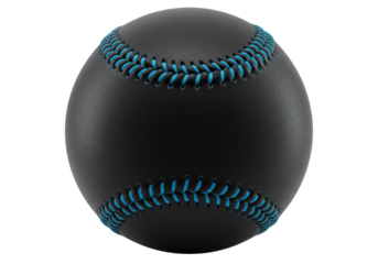 Isolated baseball with black leather and blue laces for sport or equipment shot