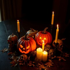 Halloween still life with pumpkins, candles and skulls