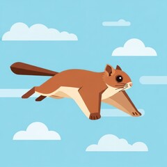 Flying squirrel gliding through the blue sky with white clouds