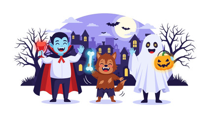 Spooky Halloween Friends: A charming Halloween-themed scene showcasing a vampire, werewolf, and ghost, embodying the spirit of spooky festivities. 