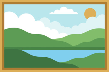 Obraz premium Minimalist Landscape Illustration of Lake, Mountain and Cloudy Sky Artwork