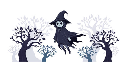 Enigmatic Entity in Ethereal Woods: A whimsical illustration depicts an ethereal being, cloaked and mysterious, floating through a stylized forest, evoking a sense of magic and wonder.