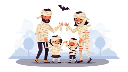 Halloween Mummy Family Joyfully Together: A happy family dressed as mummies joyfully celebrates Halloween, capturing the playful spirit of the holiday. With a bat hovering above.