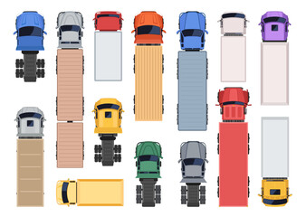 Top view vector illustration of colorful trucks and trailers