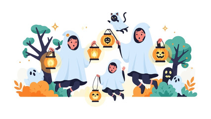 Halloween Ghosts and Lanterns: Illustration depicts the whimsical spirit of Halloween, three charming ghosts, each adorned with cheerful lanterns, and a playful black cat add a touch of enchantment.
