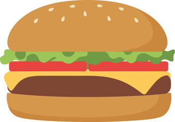 Simple Flat Style Burger Illustration with Lettuce, Tomato, and Cheese Layered Delight